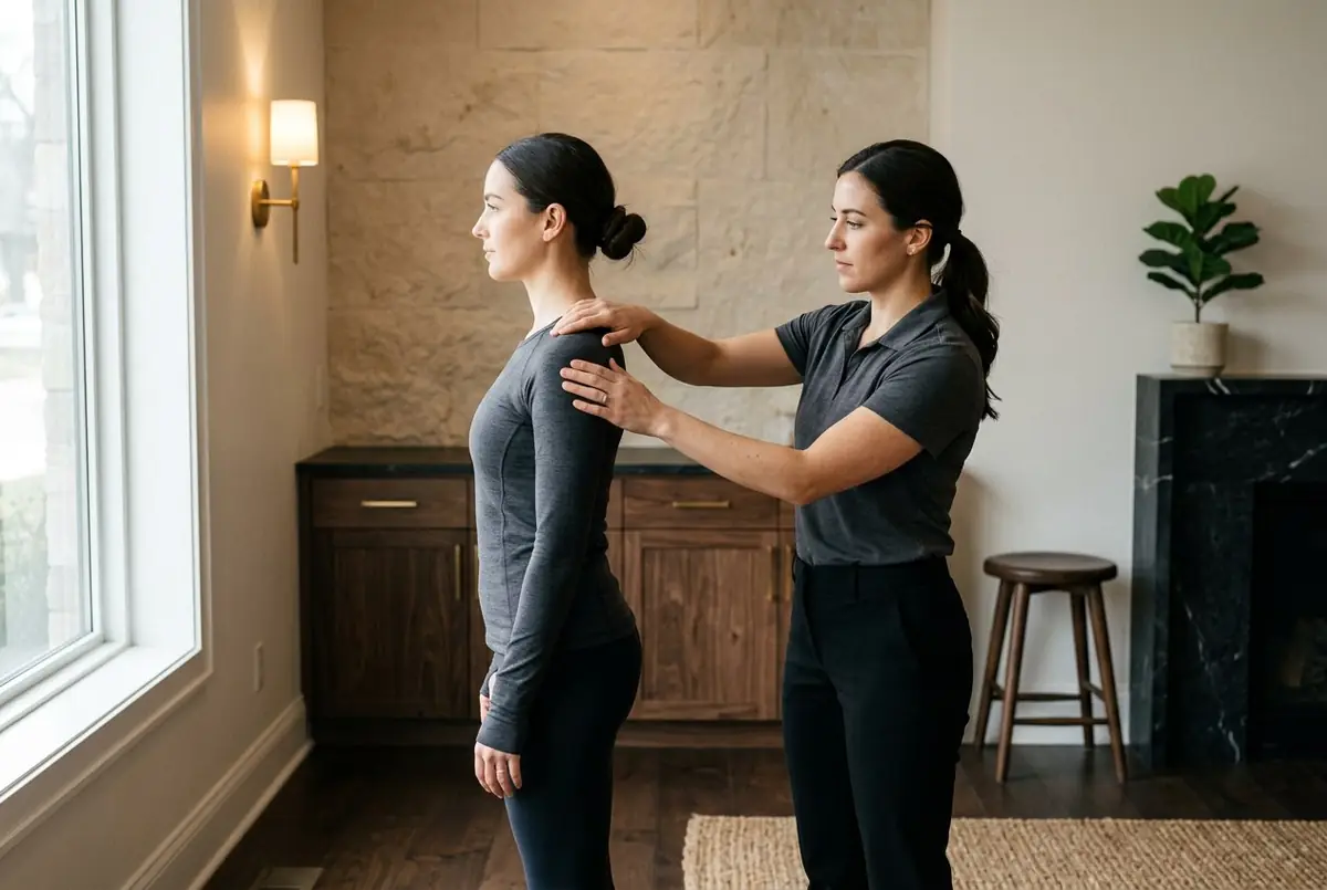 Clinician guiding a client through a standing shoulder and posture assessment